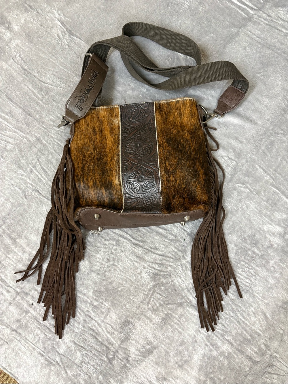 Brown Haircalf Crossbody with Tooled Leather with Conceal Weapon Pocket